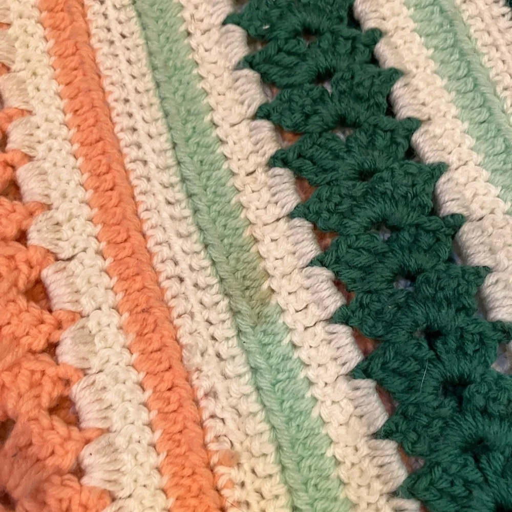 Vintage Handmade Crochet Throw Multicolor Stripe Pattern Scalloped Border